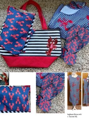Lobster Bundle! Includes stripe tote,earrings,dress (XL), sandals(8), zip pouch